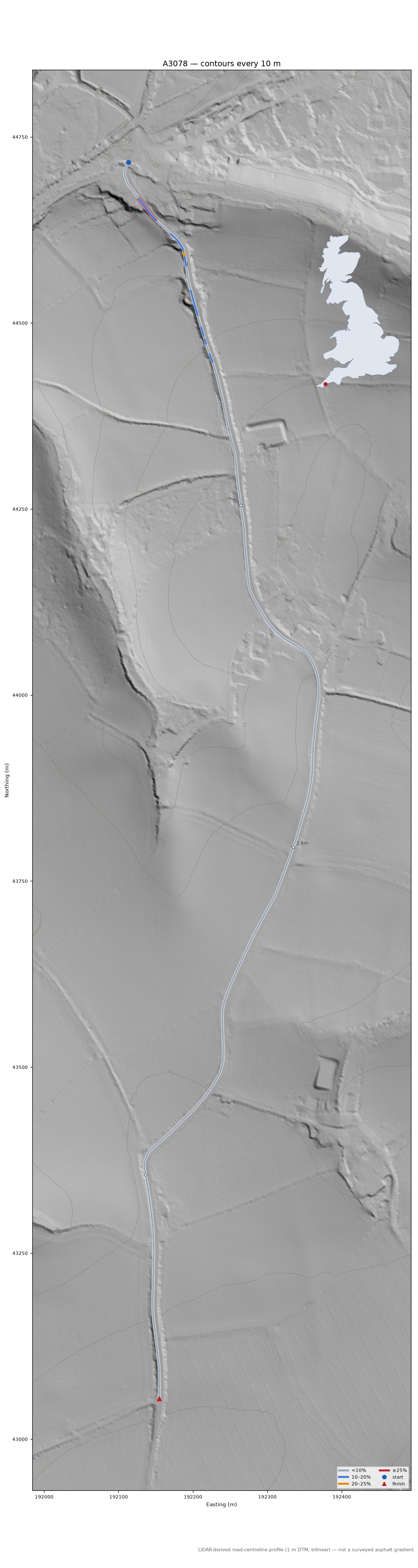 A3078 LiDAR hillshade map with contours