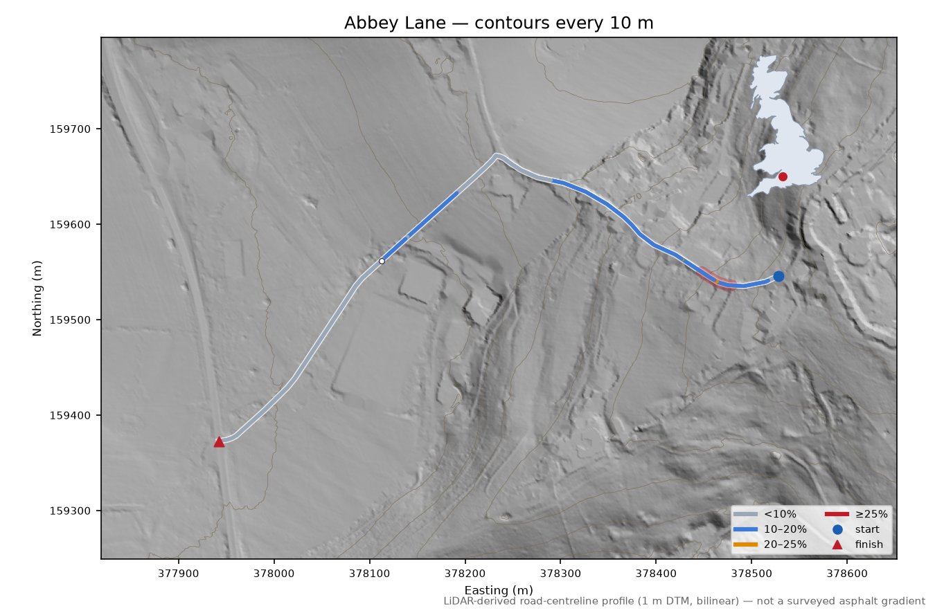 Abbey Lane LiDAR hillshade map with contours