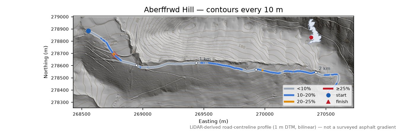 Aberffrwd Hill LiDAR hillshade map with contours