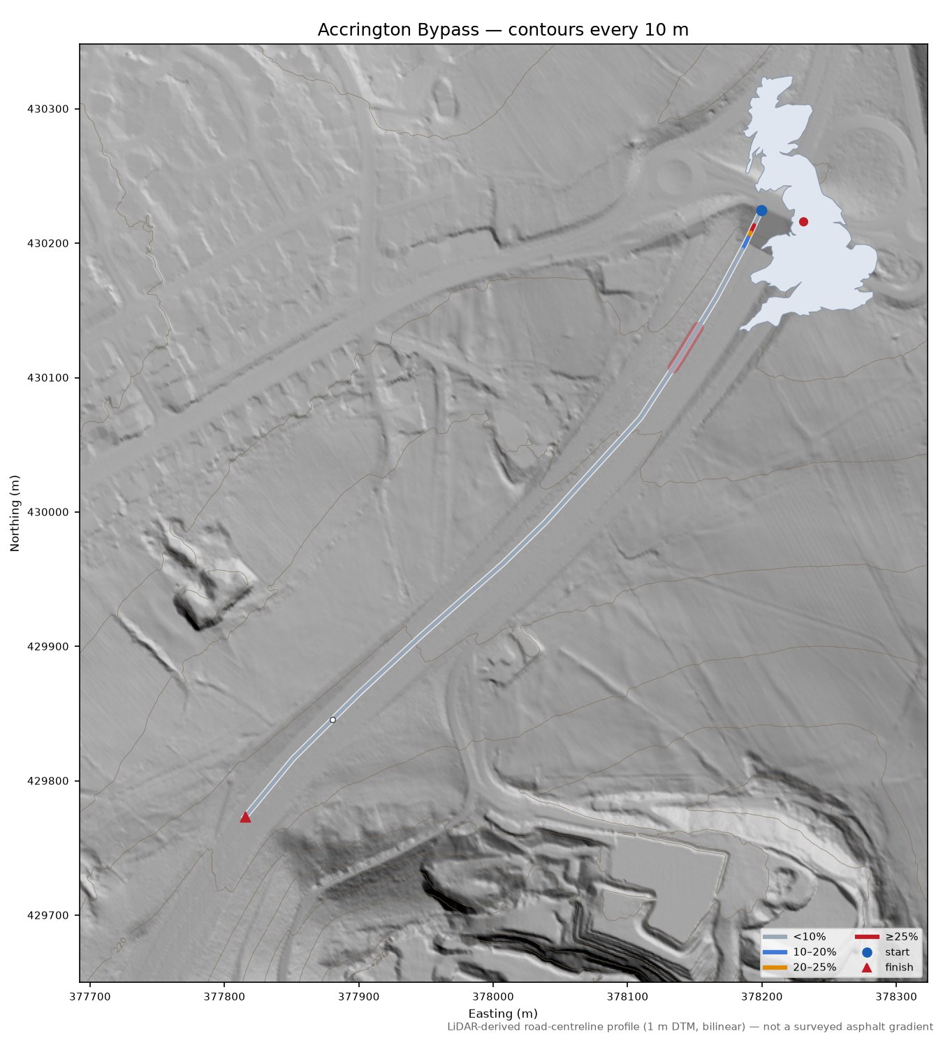Accrington Bypass LiDAR hillshade map with contours
