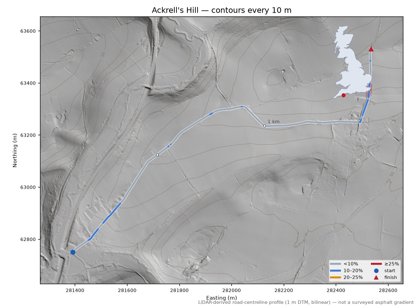Ackrell's Hill LiDAR hillshade map with contours