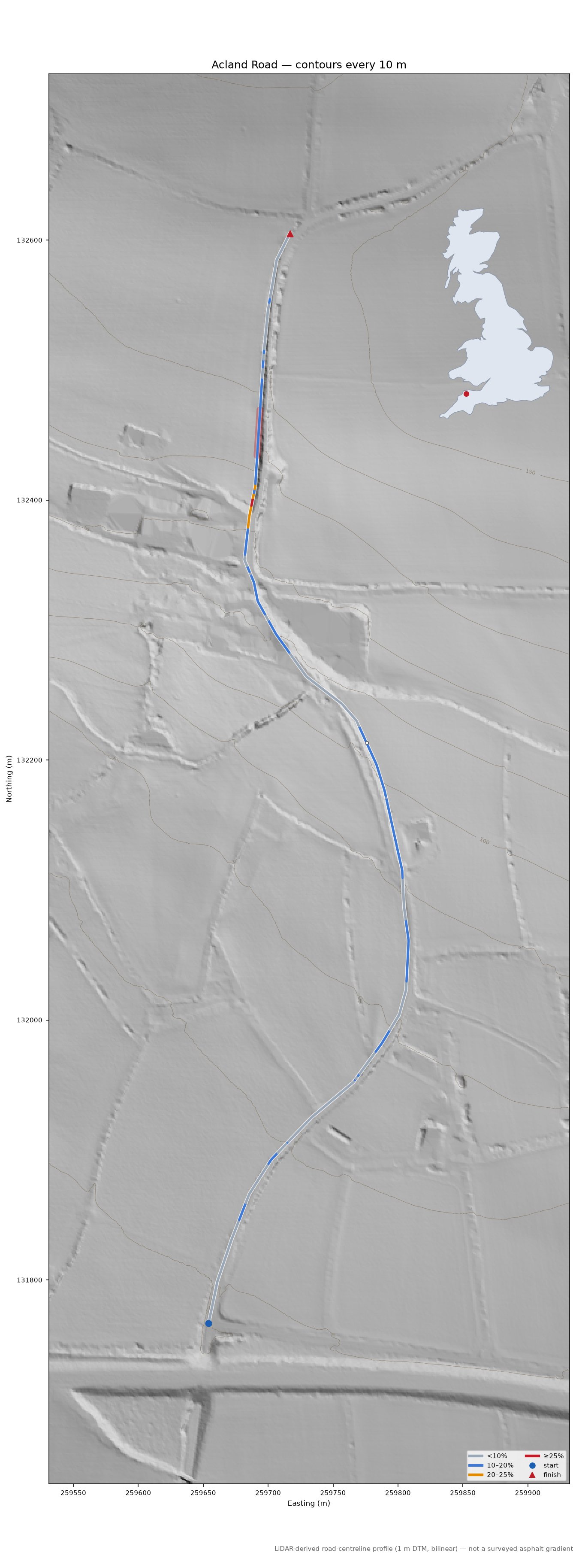 Acland Road LiDAR hillshade map with contours