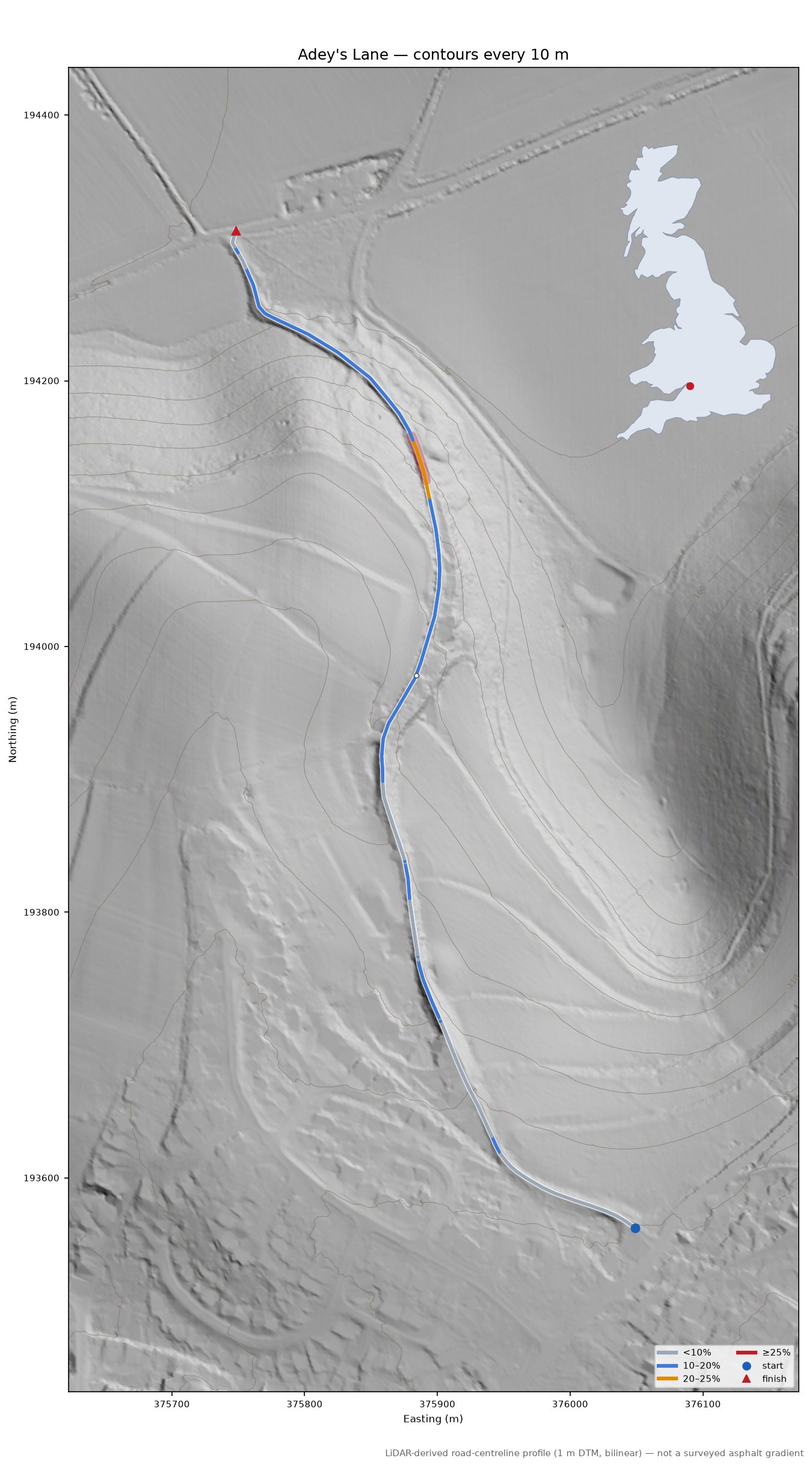 Adey's Lane LiDAR hillshade map with contours