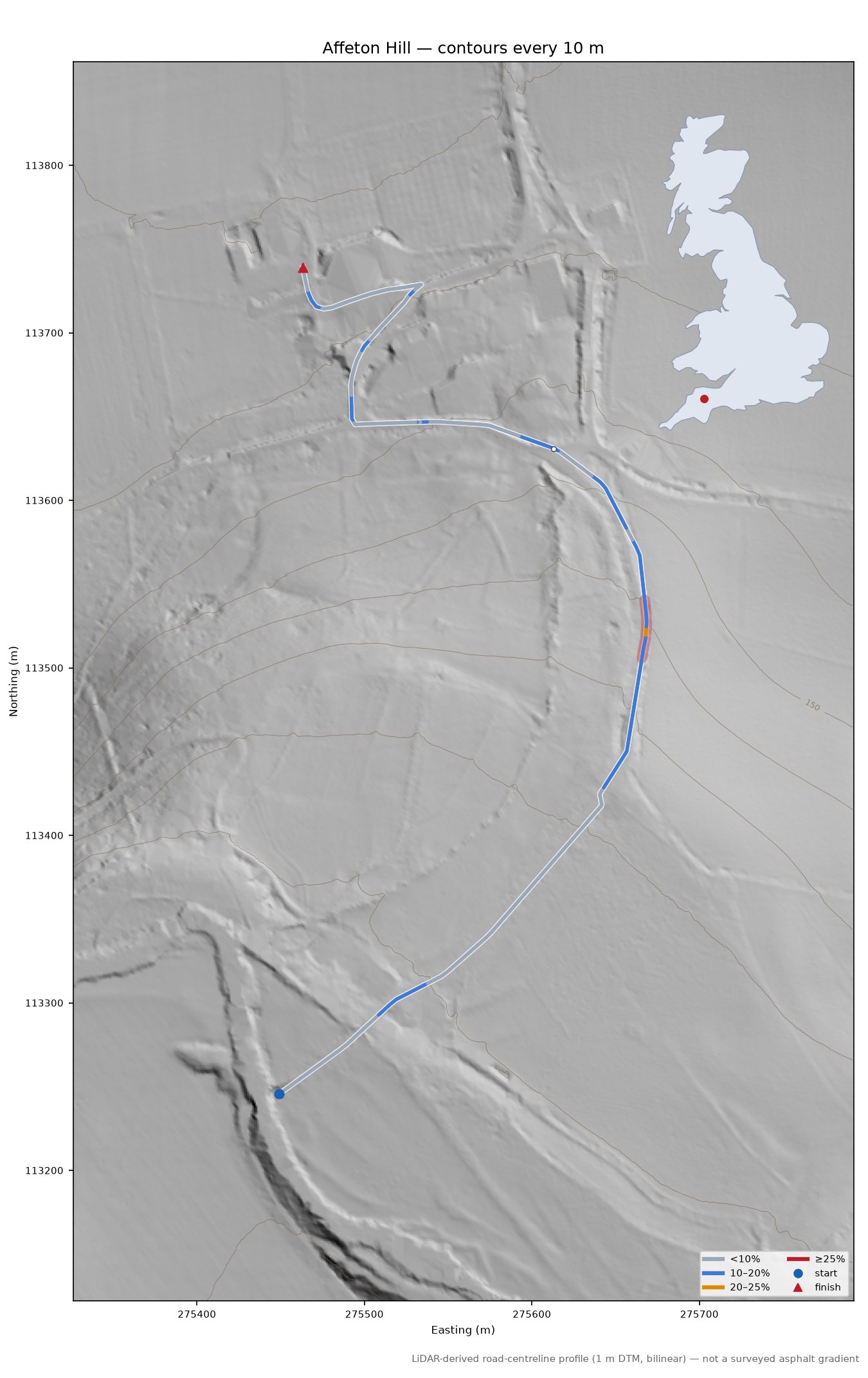 Affeton Hill LiDAR hillshade map with contours