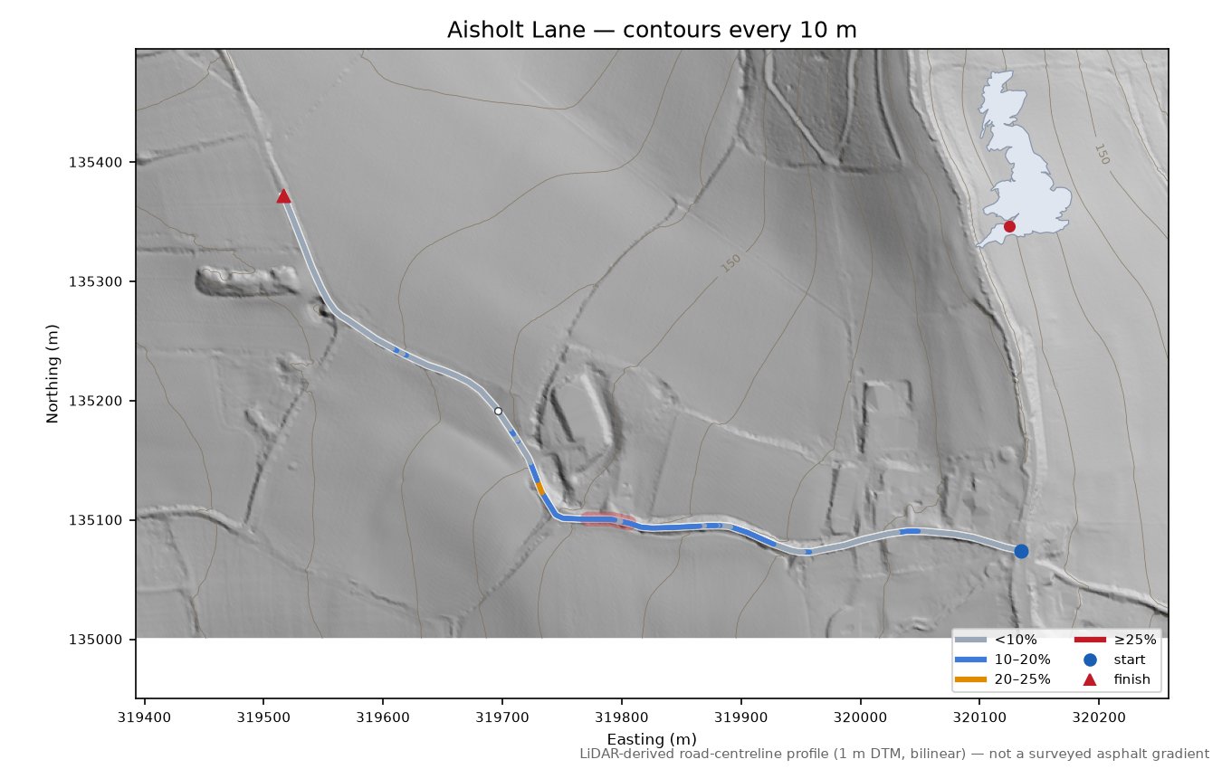 Aisholt Lane LiDAR hillshade map with contours