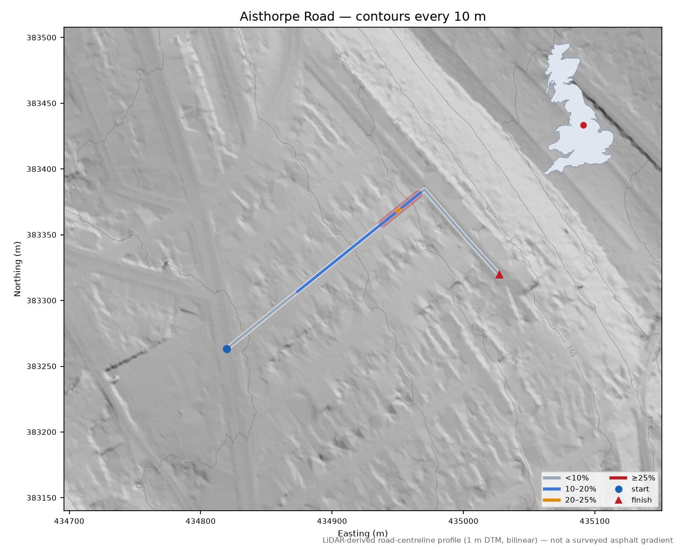Aisthorpe Road LiDAR hillshade map with contours