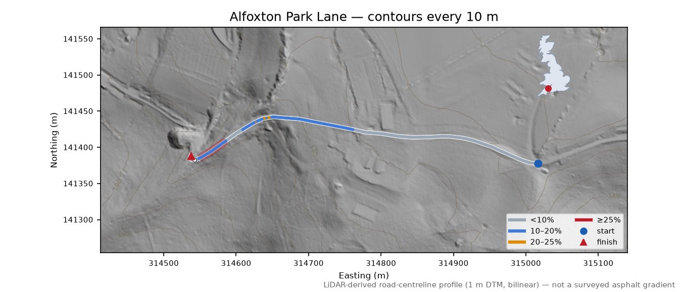 Alfoxton Park Lane LiDAR hillshade map with contours