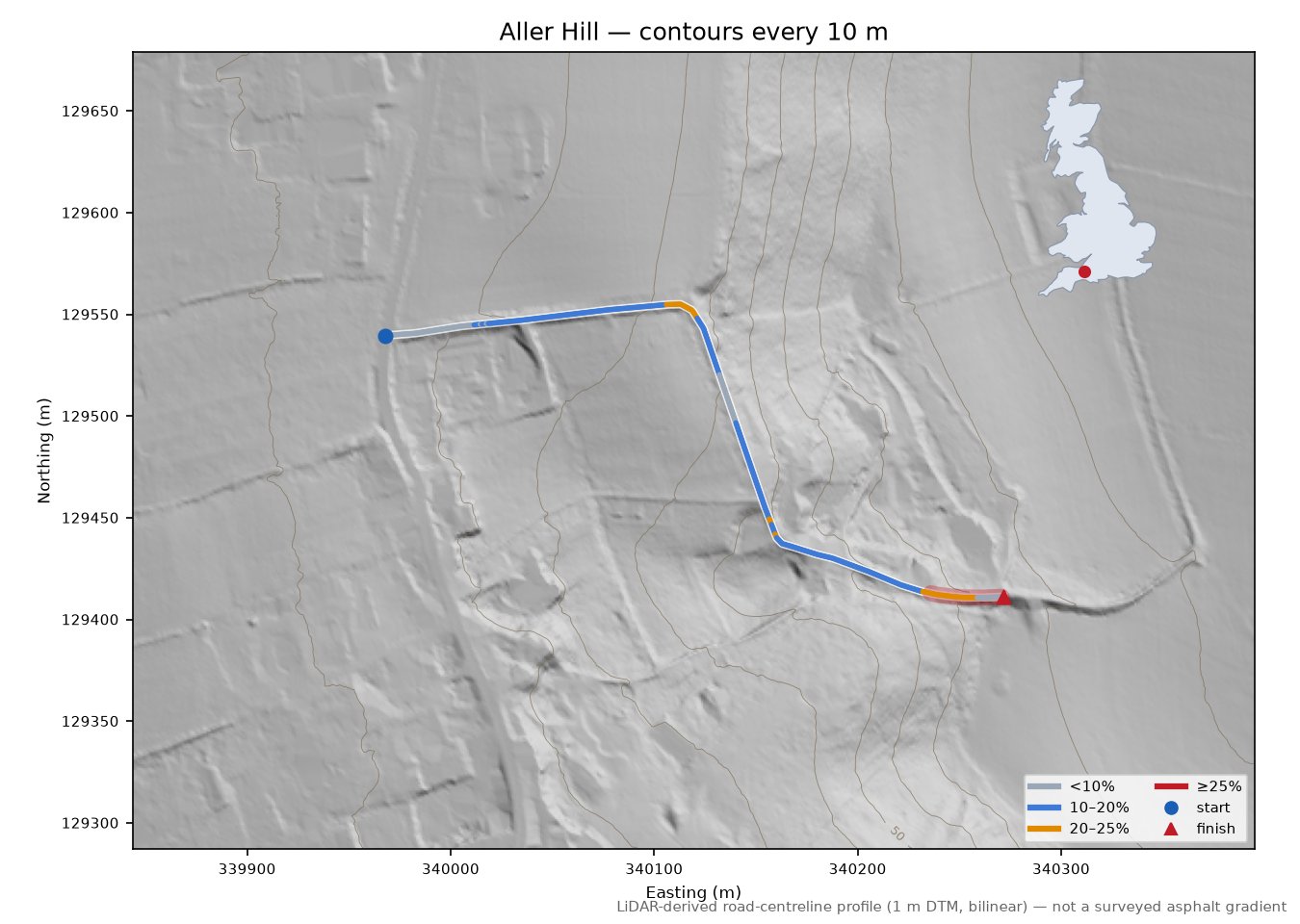 Aller Hill LiDAR hillshade map with contours