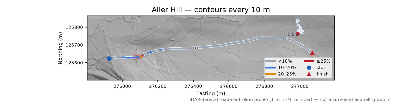 Aller Hill LiDAR hillshade map with contours