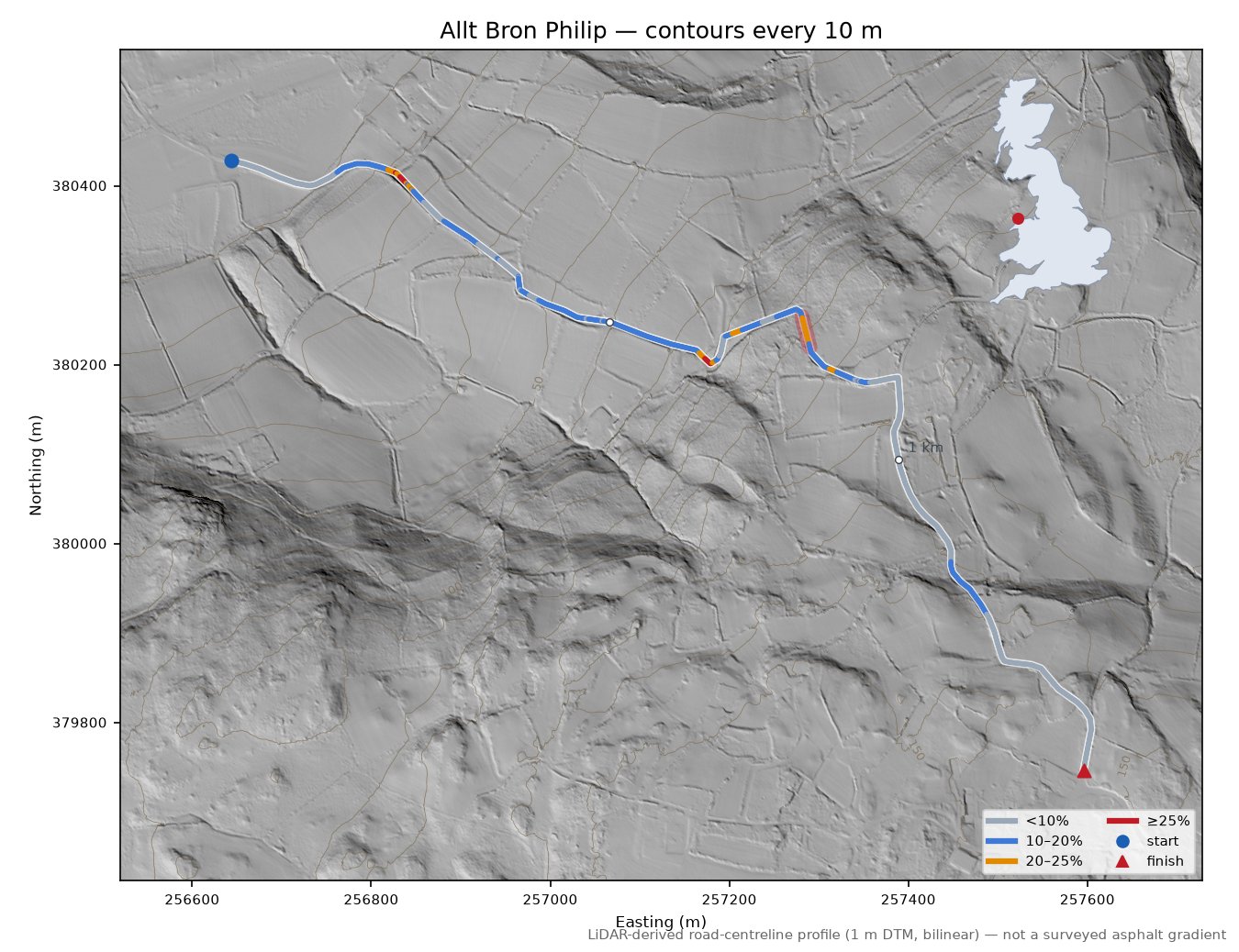 Allt Bron Philip LiDAR hillshade map with contours