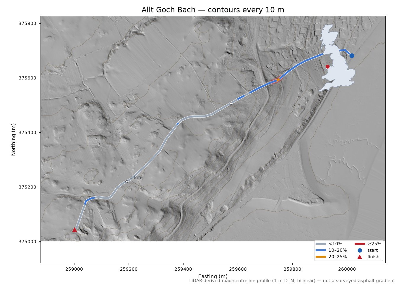 Allt Goch Bach LiDAR hillshade map with contours