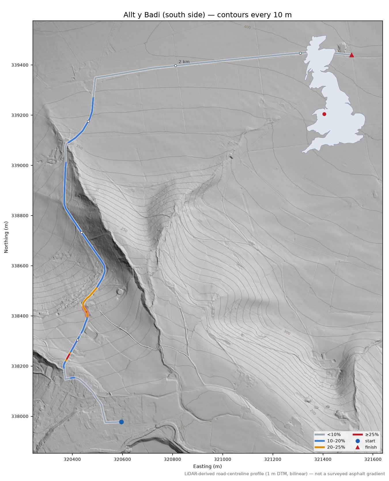 Allt y Badi (south side) LiDAR hillshade map with contours