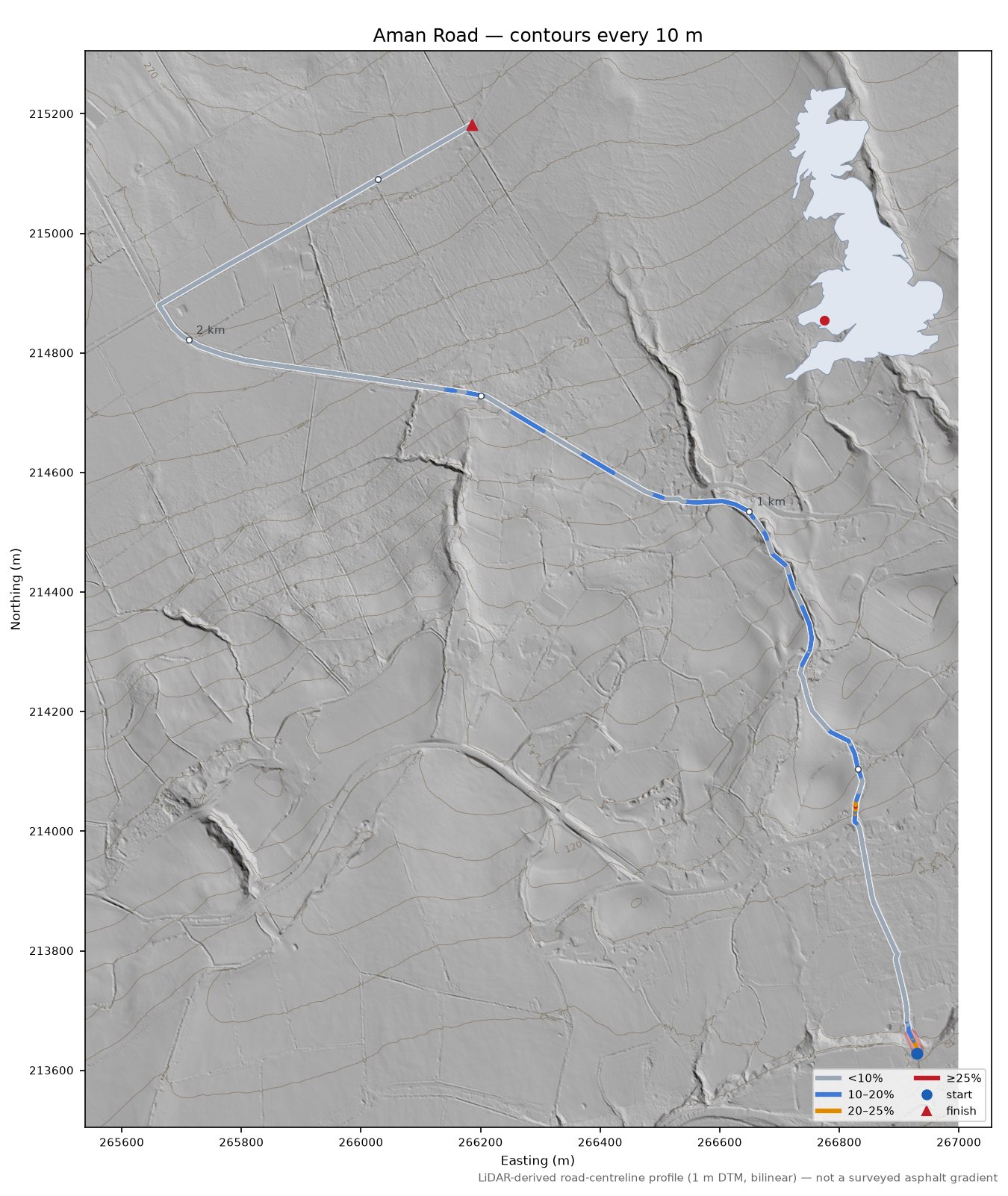 Aman Road LiDAR hillshade map with contours