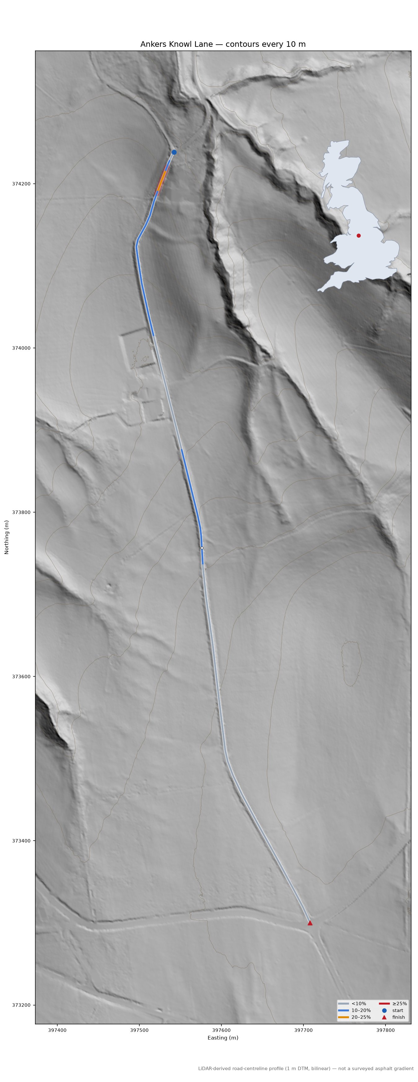 Ankers Knowl Lane LiDAR hillshade map with contours