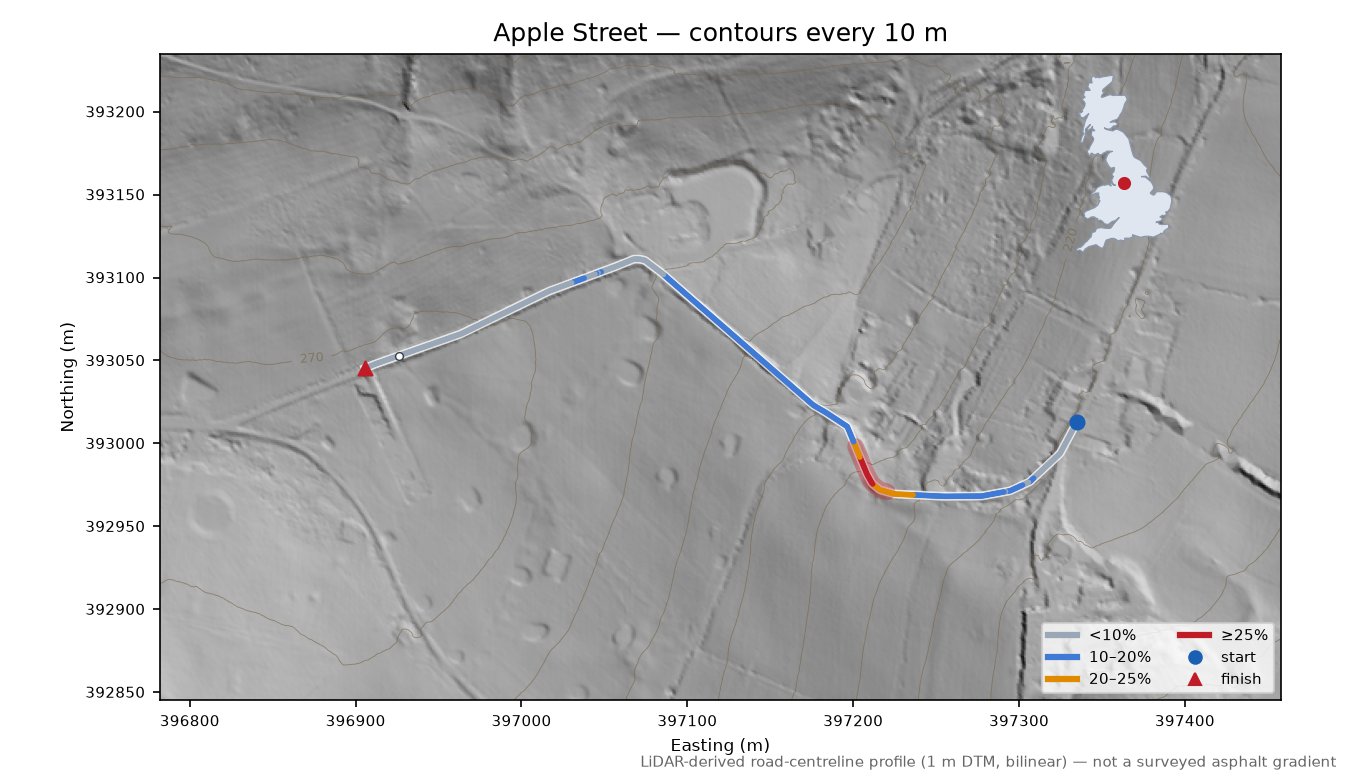 Apple Street LiDAR hillshade map with contours