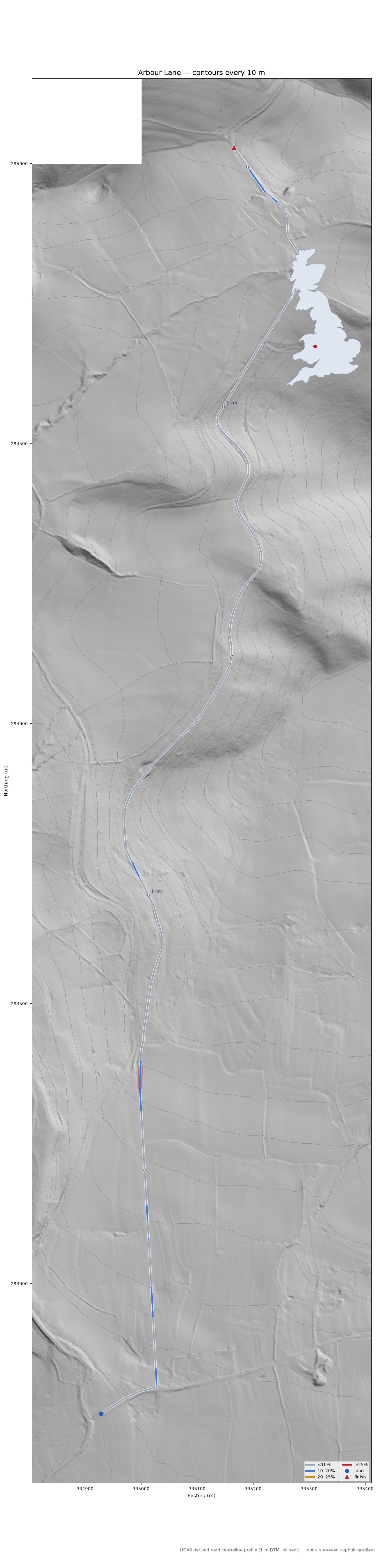 Arbour Lane LiDAR hillshade map with contours