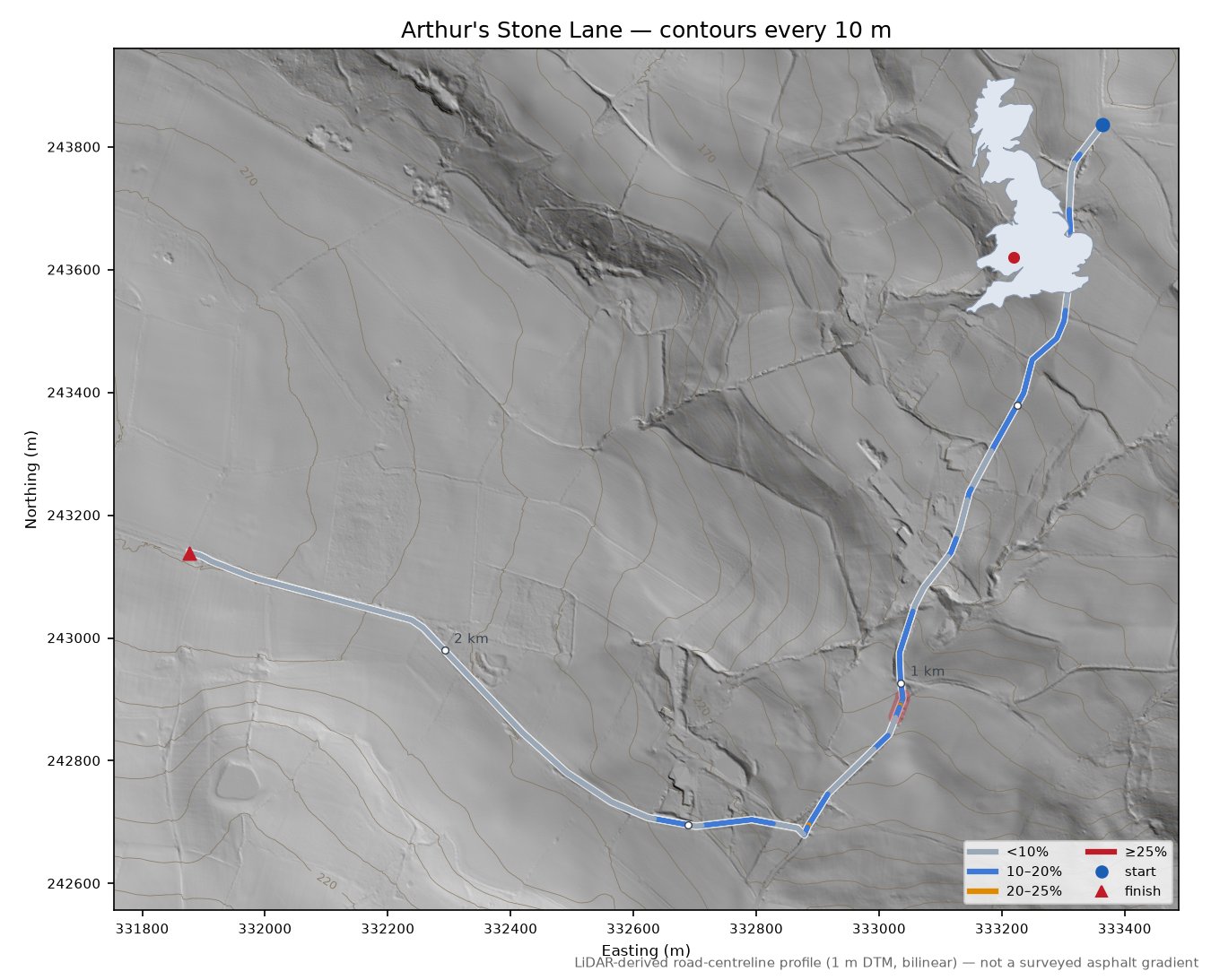 Arthur's Stone Lane LiDAR hillshade map with contours