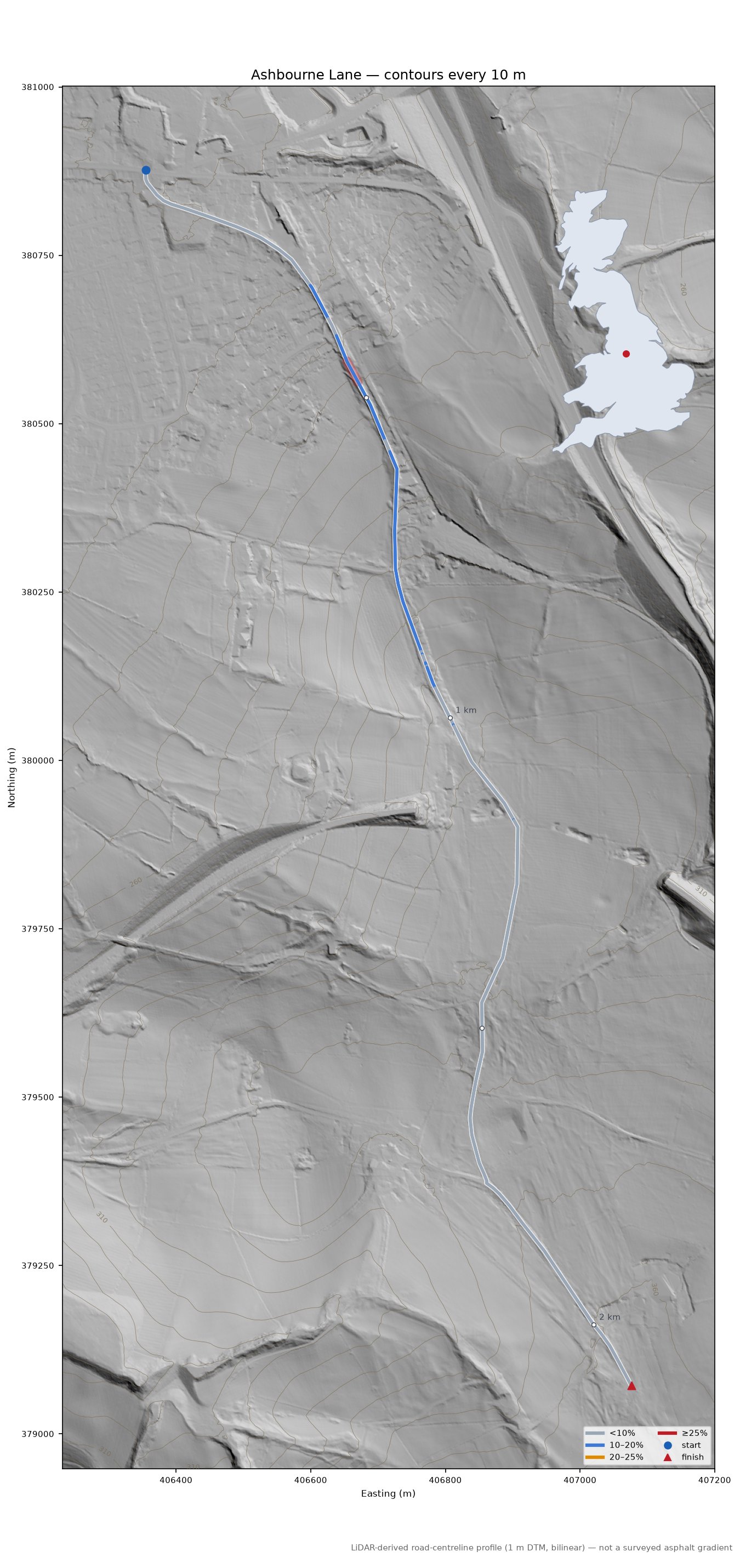 Ashbourne Lane LiDAR hillshade map with contours