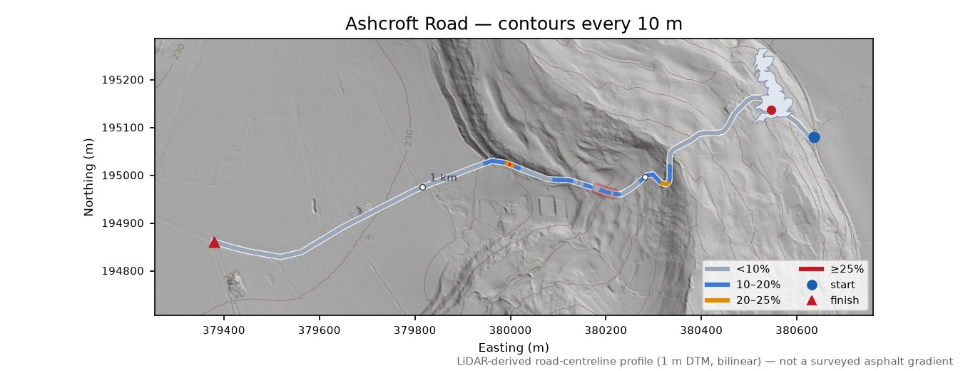 Ashcroft Road LiDAR hillshade map with contours