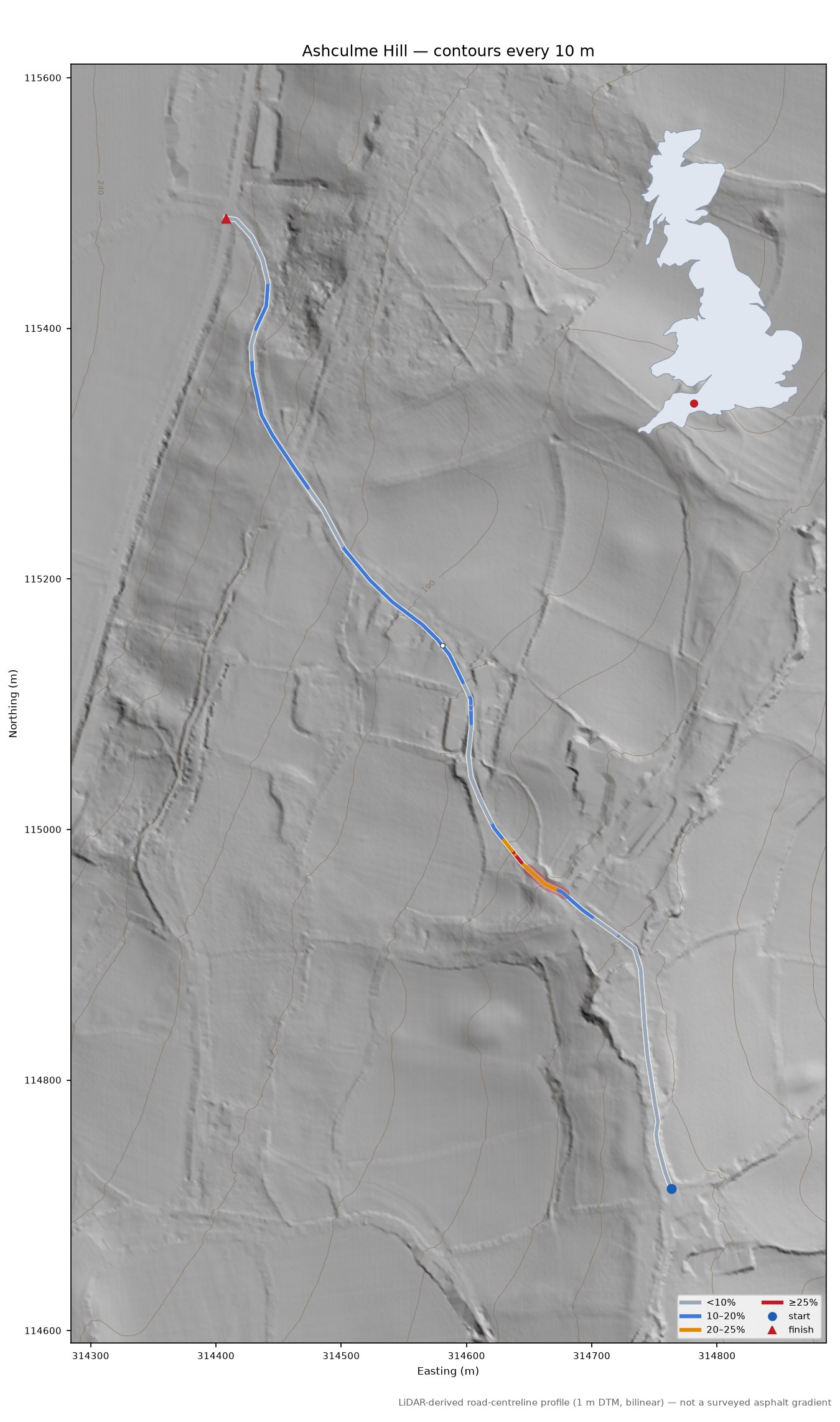 Ashculme Hill LiDAR hillshade map with contours