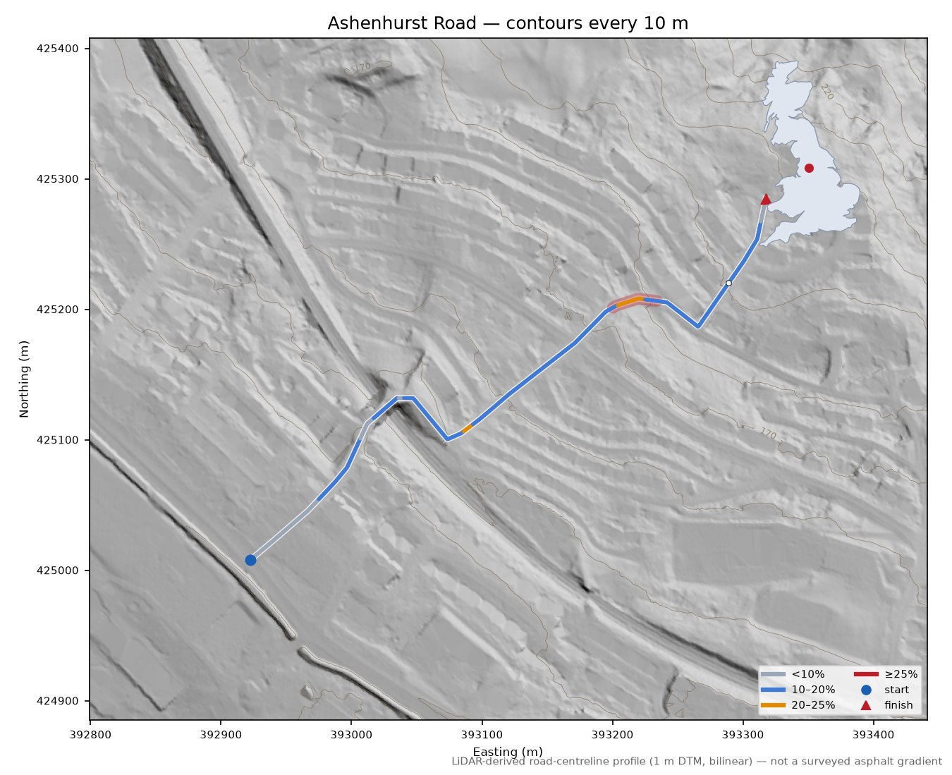 Ashenhurst Road LiDAR hillshade map with contours