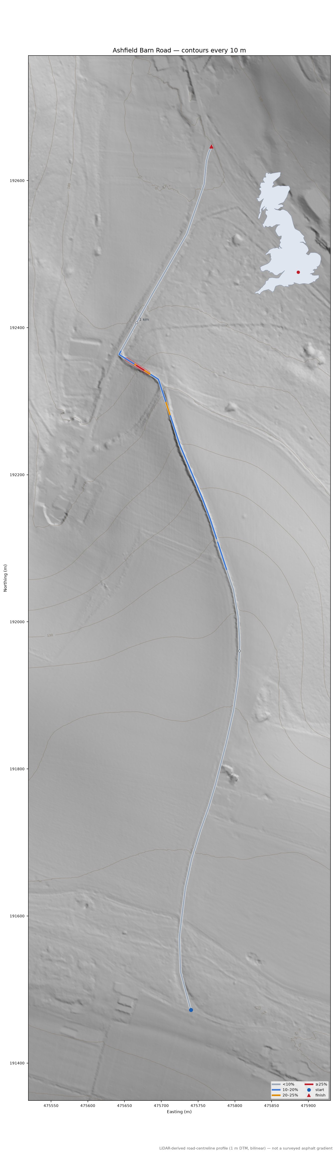 Ashfield Barn Road LiDAR hillshade map with contours