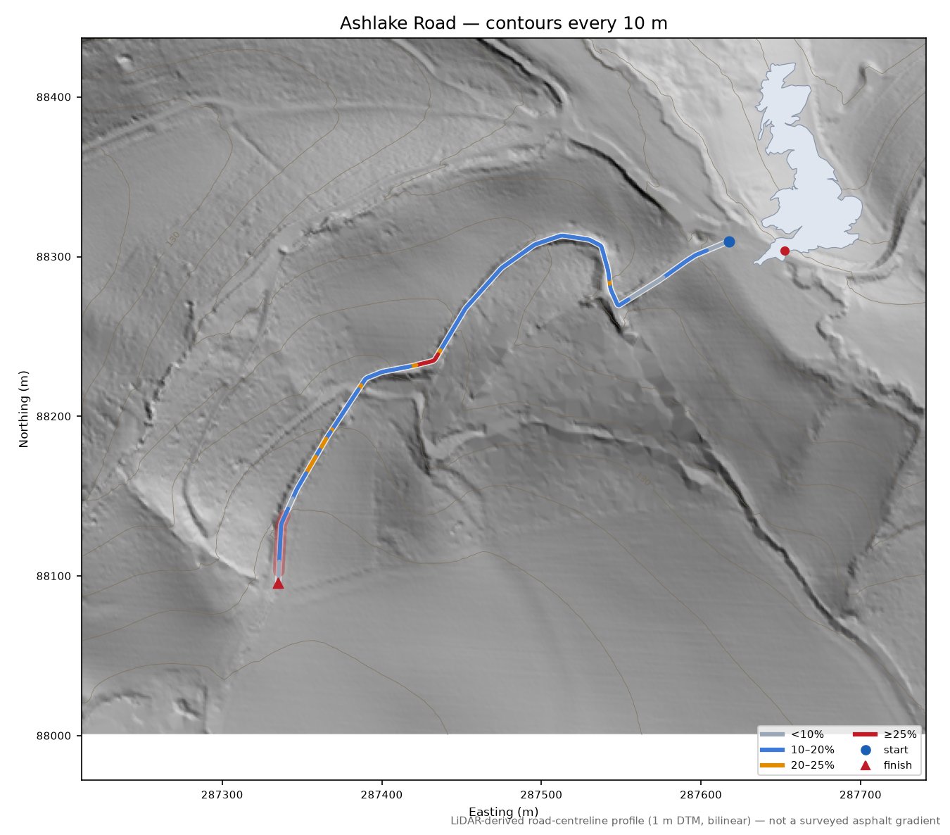 Ashlake Road LiDAR hillshade map with contours