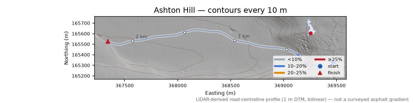 Ashton Hill LiDAR hillshade map with contours