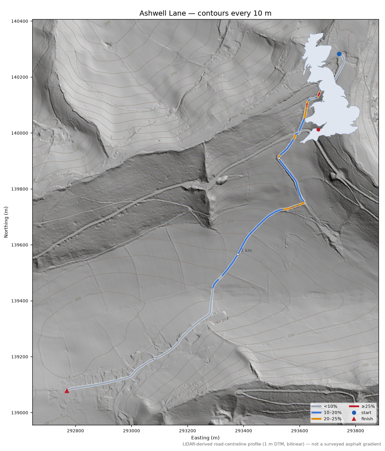 Ashwell Lane LiDAR hillshade map with contours