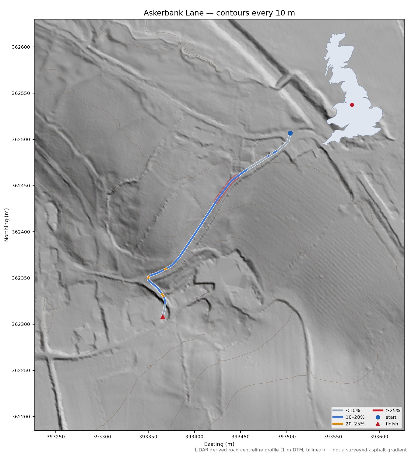 Askerbank Lane LiDAR hillshade map with contours