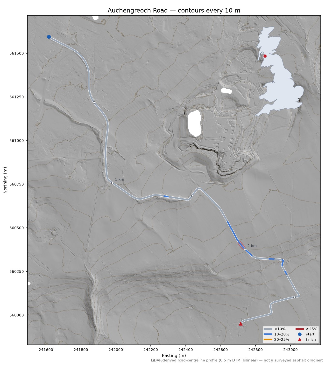 Auchengreoch Road LiDAR hillshade map with contours