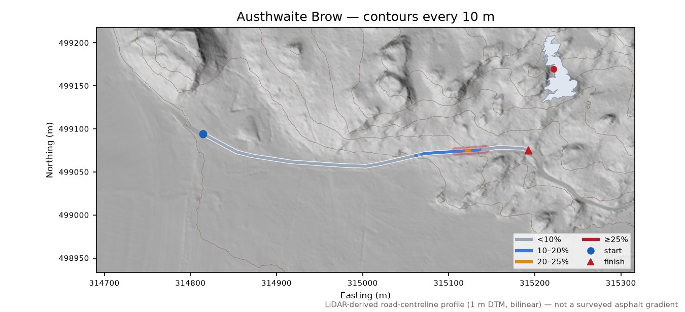Austhwaite Brow LiDAR hillshade map with contours