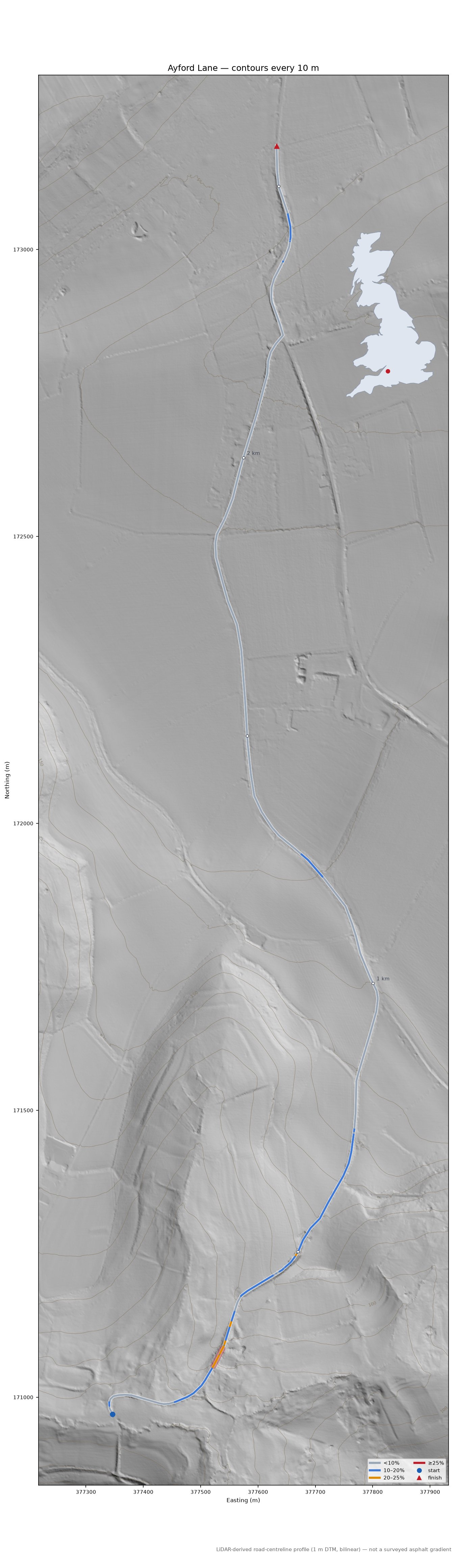 Ayford Lane LiDAR hillshade map with contours