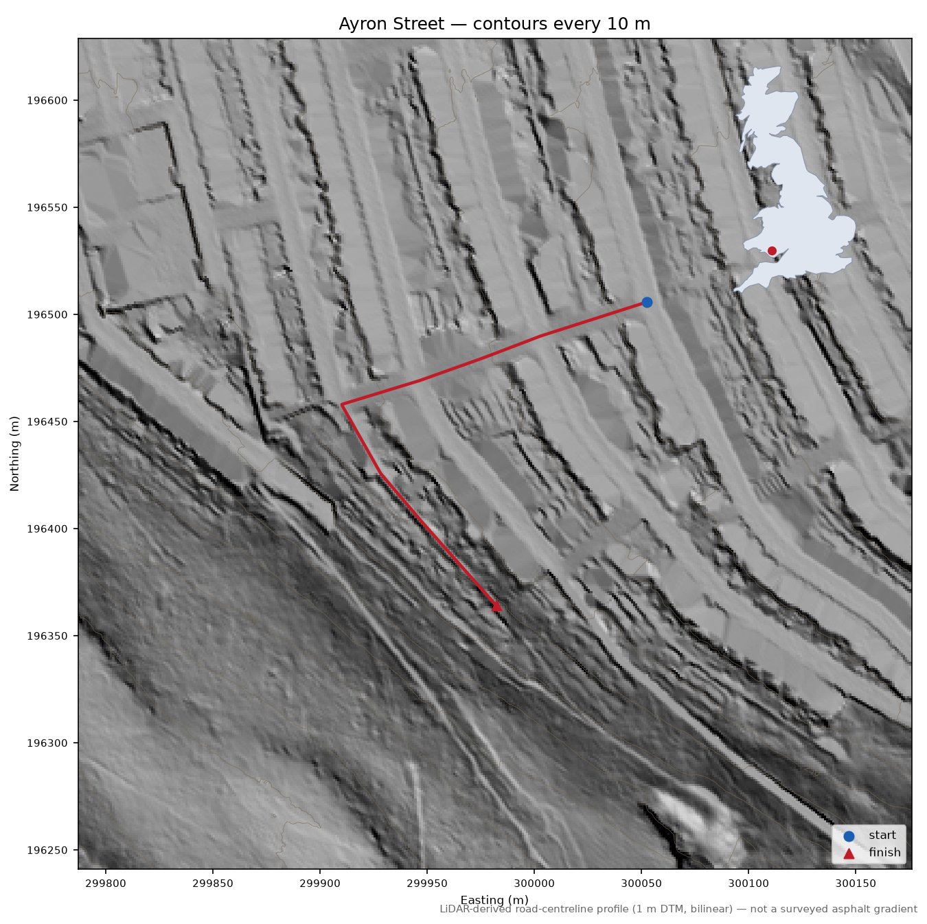 Ayron Street LiDAR hillshade map with contours