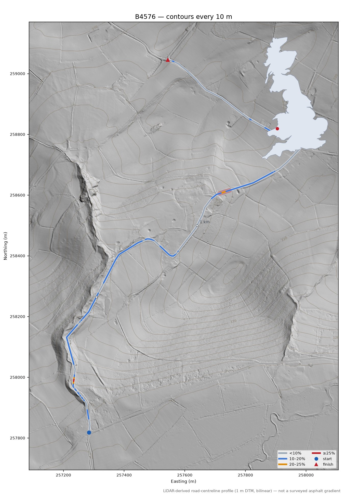 B4576 LiDAR hillshade map with contours