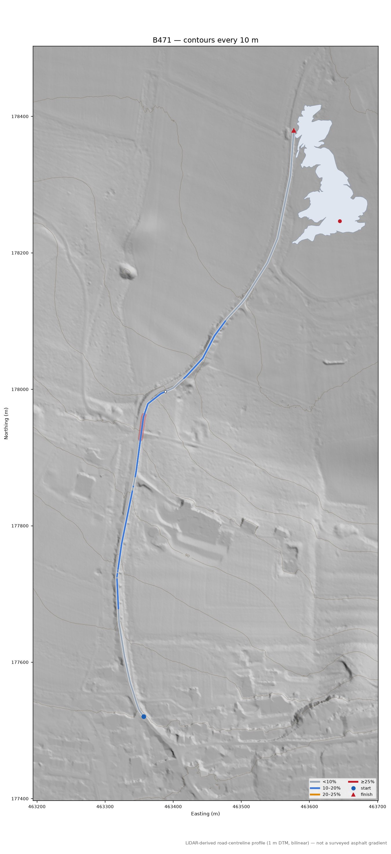 B471 LiDAR hillshade map with contours