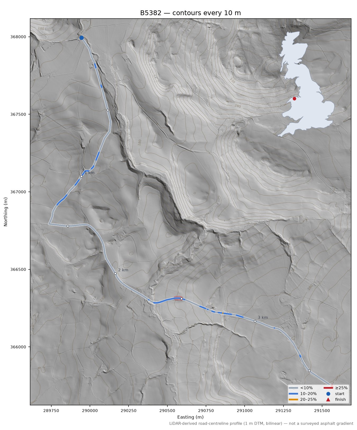 B5382 LiDAR hillshade map with contours