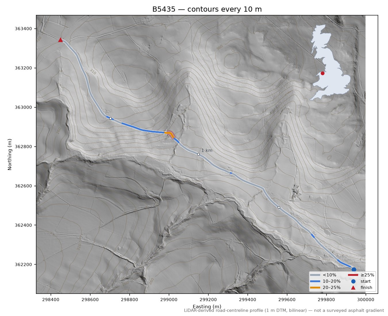 B5435 LiDAR hillshade map with contours