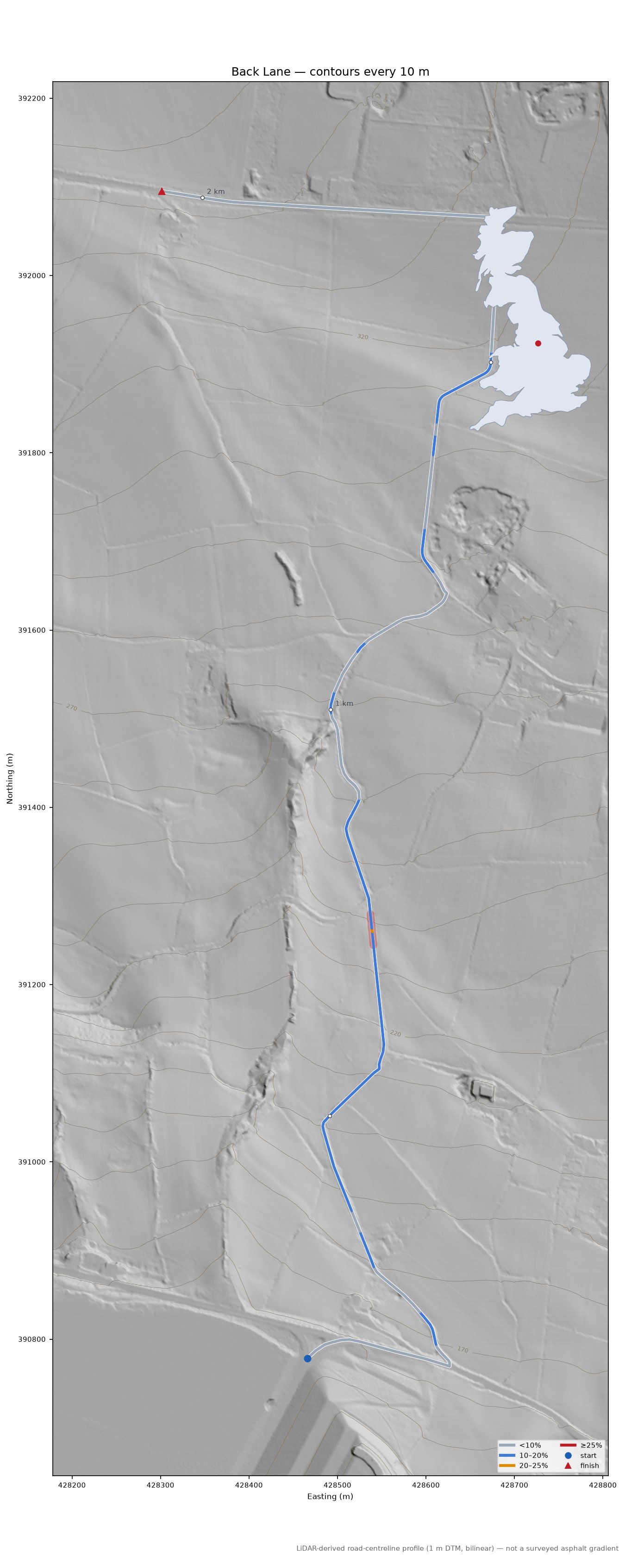 Back Lane LiDAR hillshade map with contours