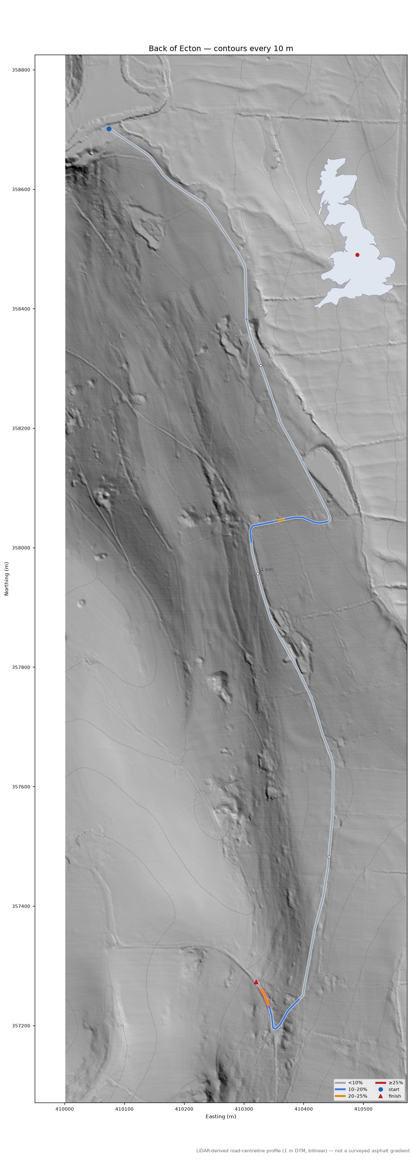 Back of Ecton LiDAR hillshade map with contours