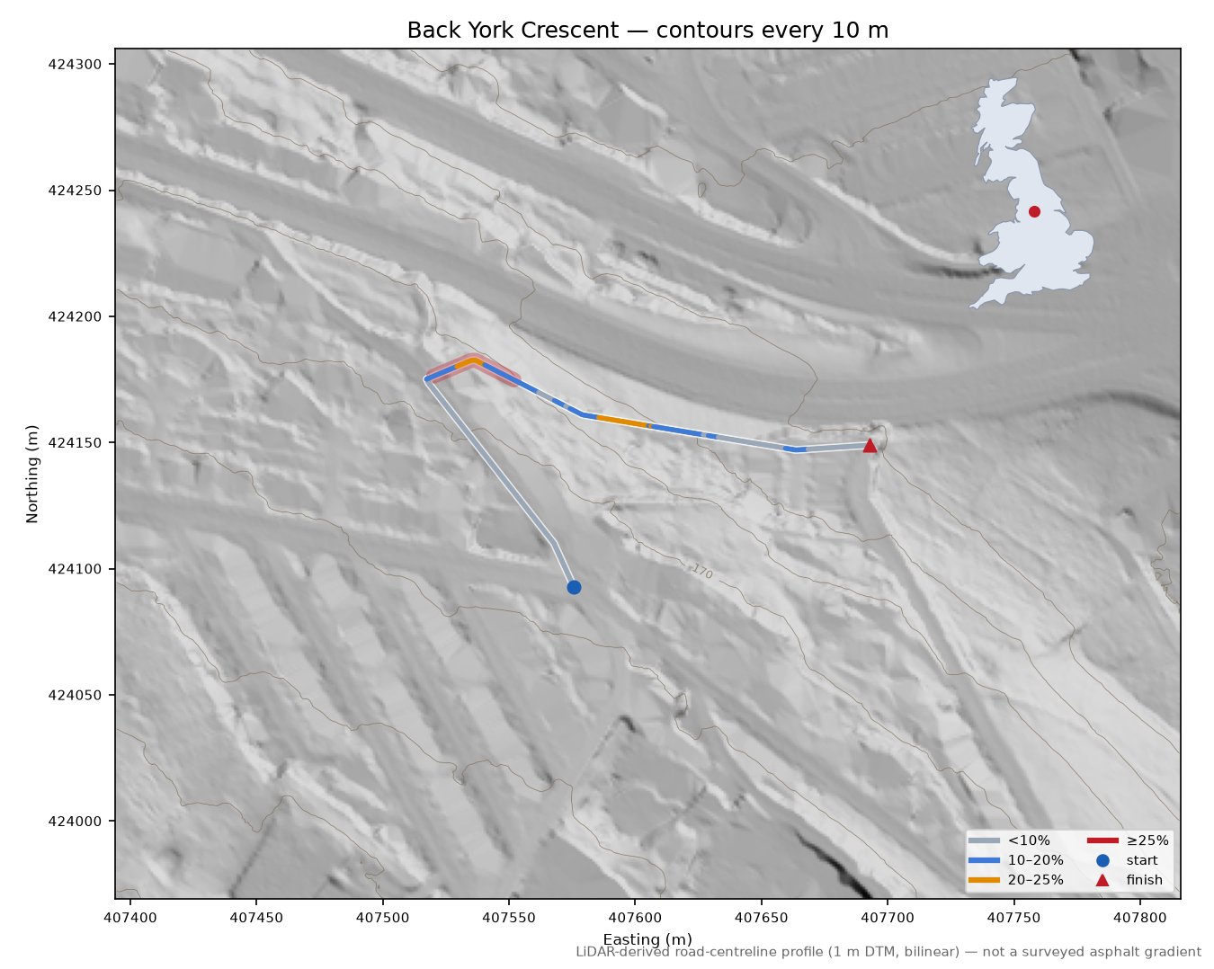 Back York Crescent LiDAR hillshade map with contours