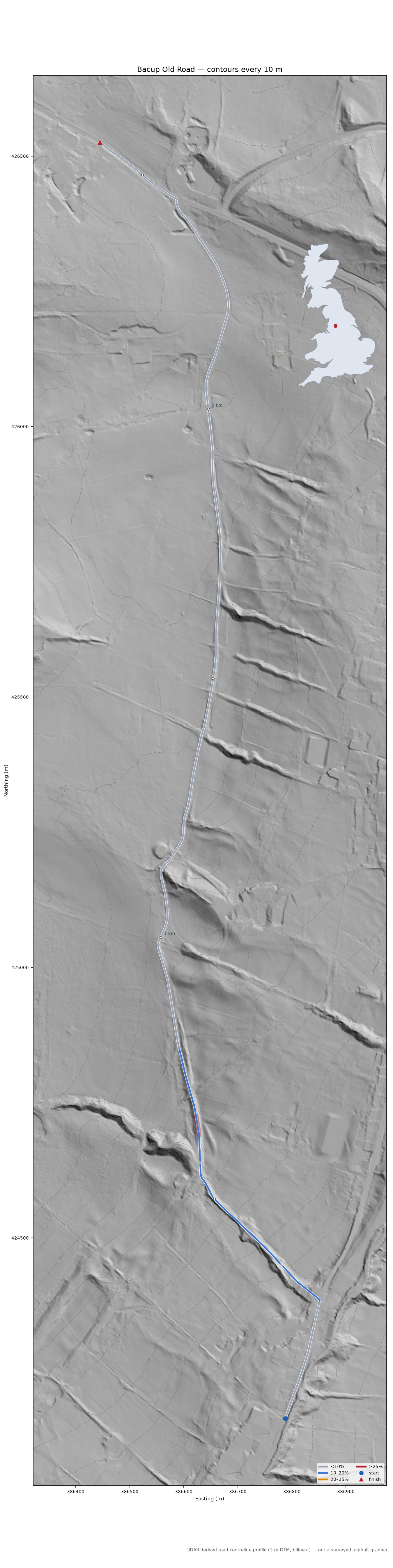 Bacup Old Road LiDAR hillshade map with contours