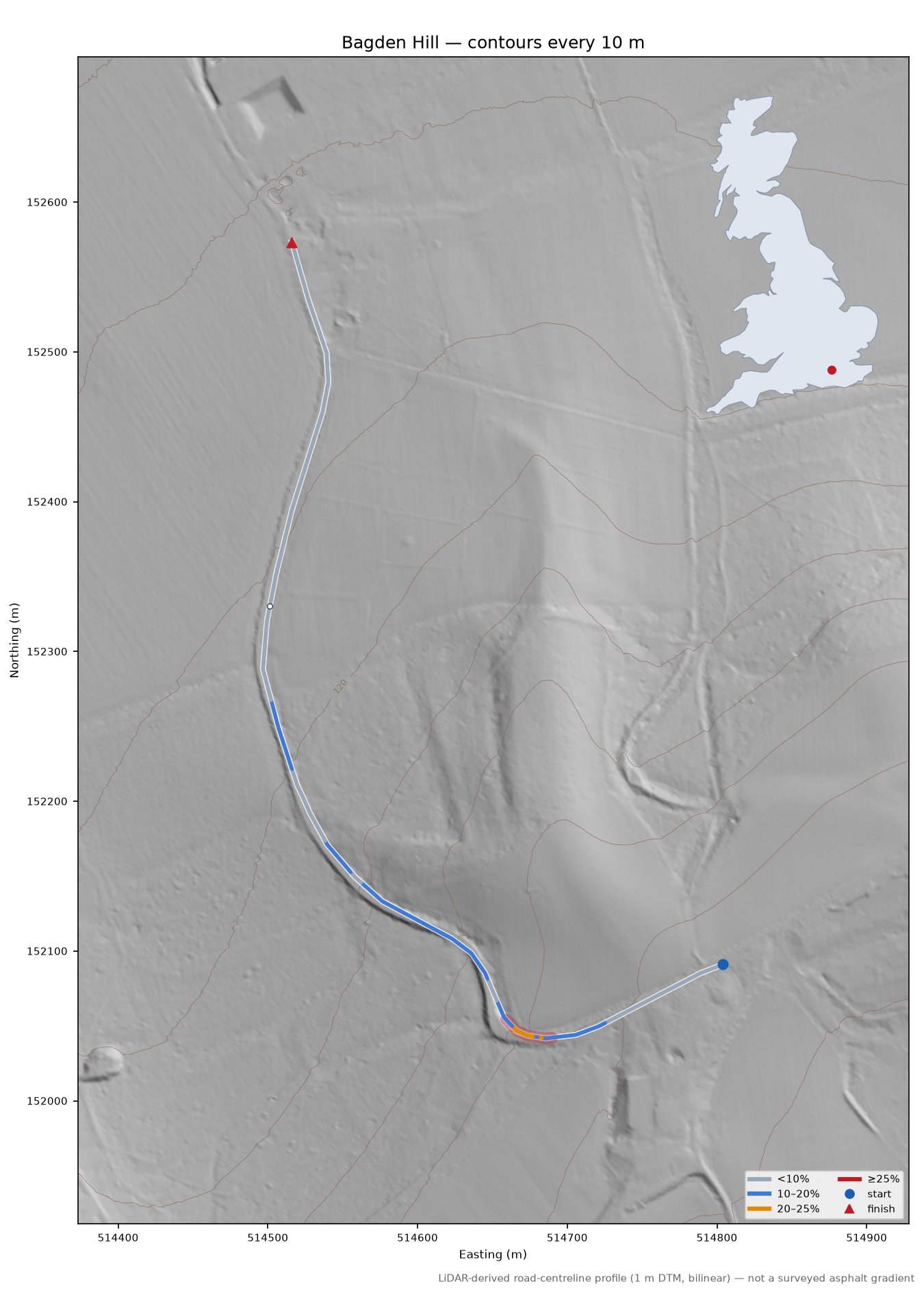 Bagden Hill LiDAR hillshade map with contours