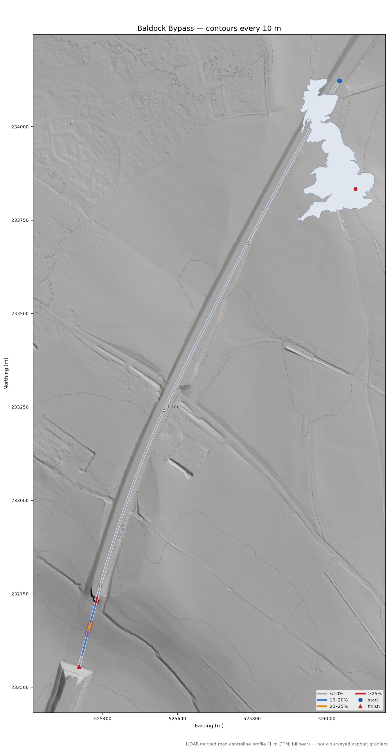 Baldock Bypass LiDAR hillshade map with contours