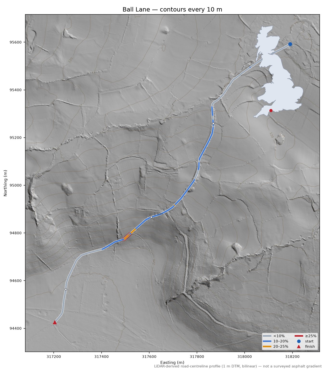 Ball Lane LiDAR hillshade map with contours