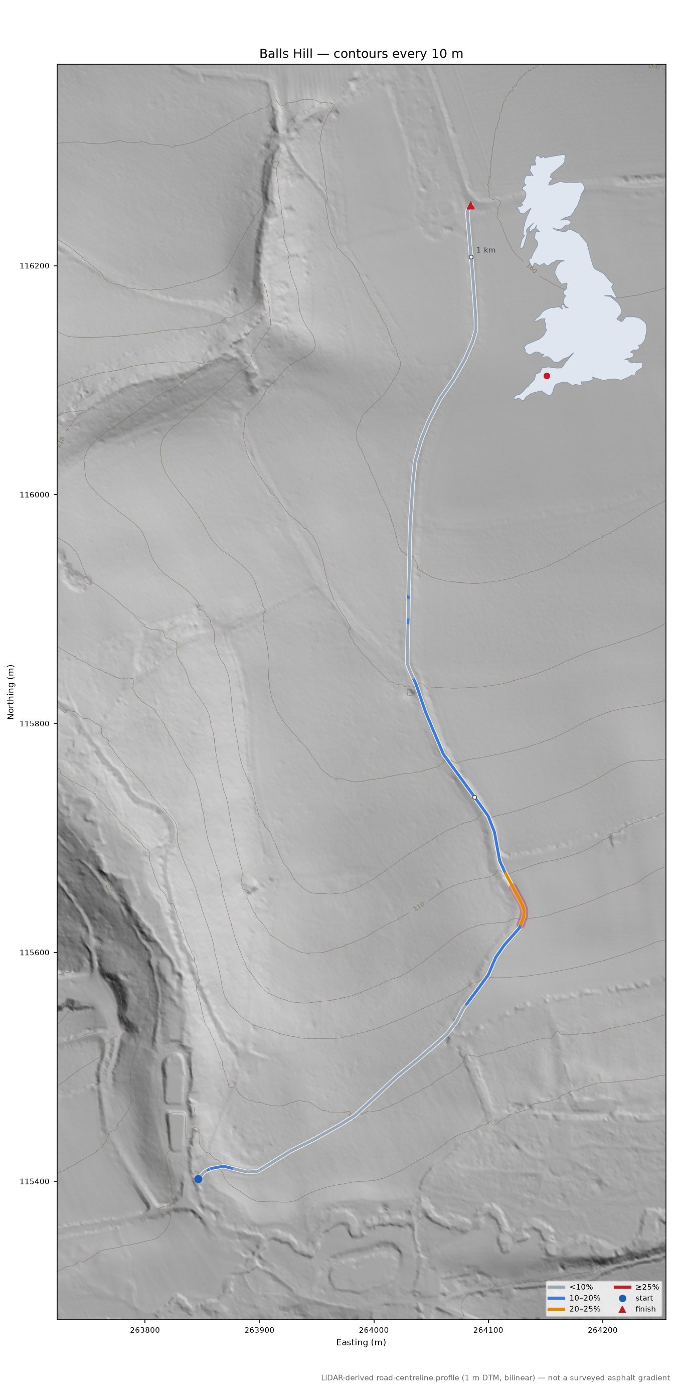 Balls Hill LiDAR hillshade map with contours