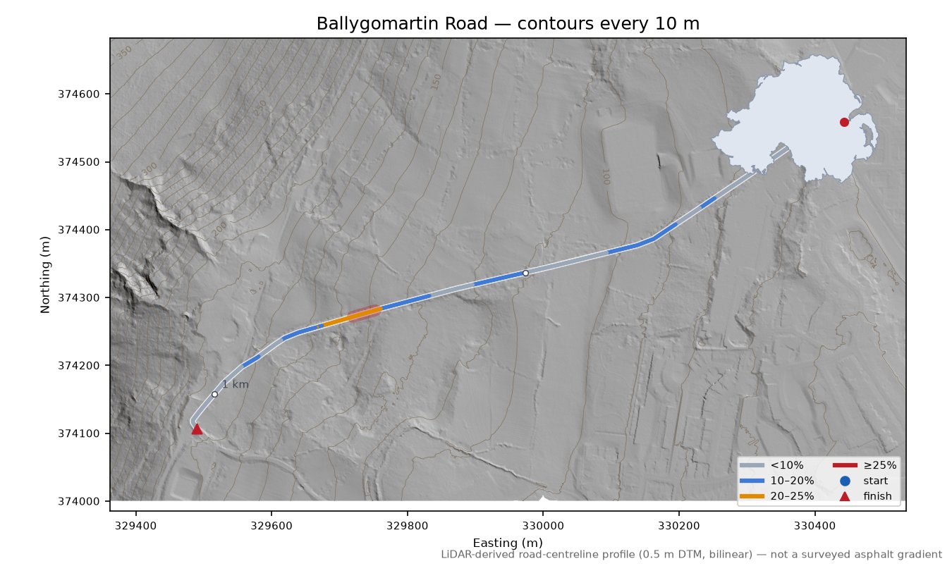 Ballygomartin Road LiDAR hillshade map with contours