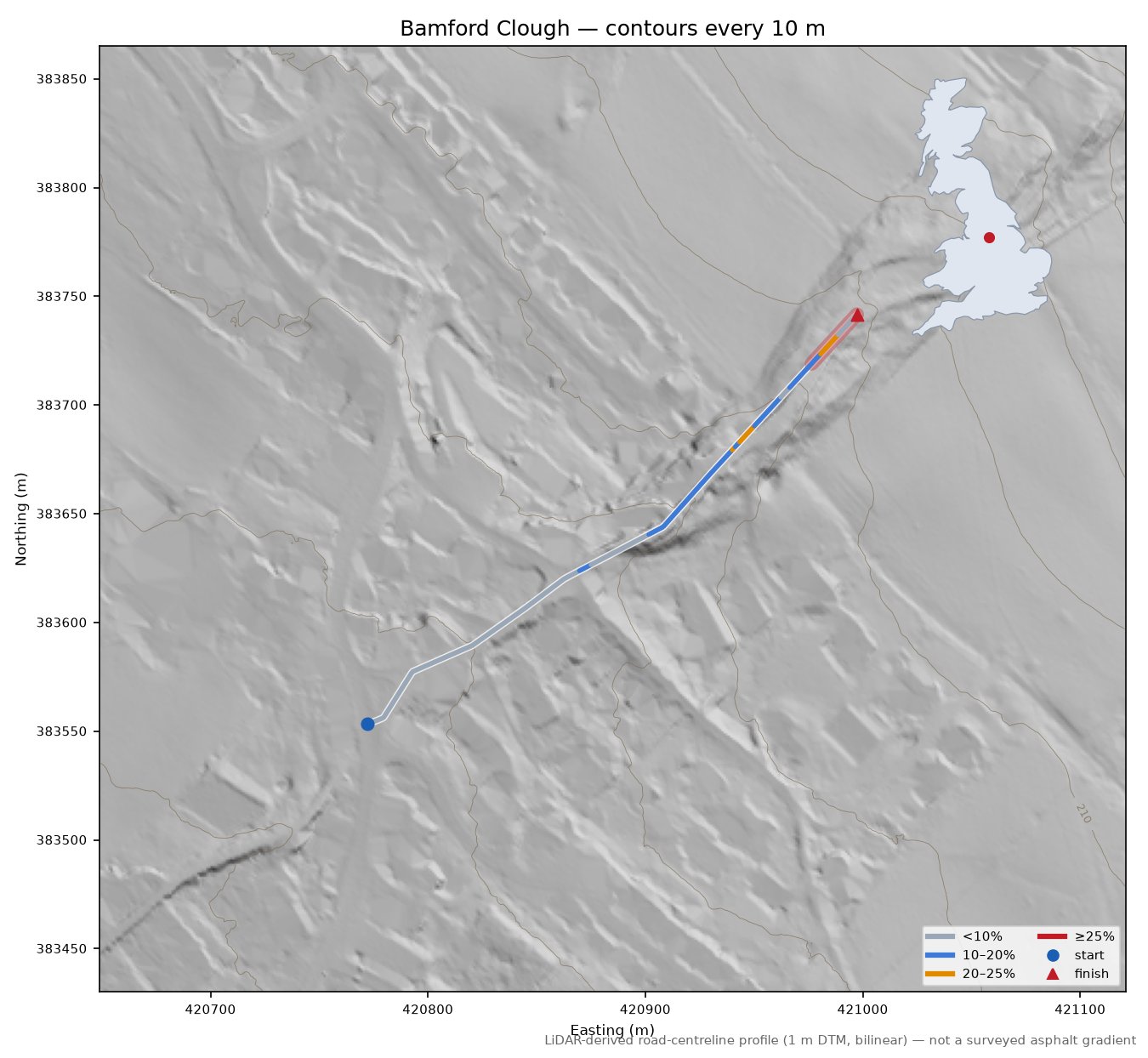 Bamford Clough LiDAR hillshade map with contours