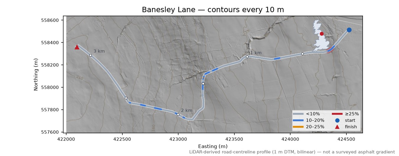 Banesley Lane LiDAR hillshade map with contours
