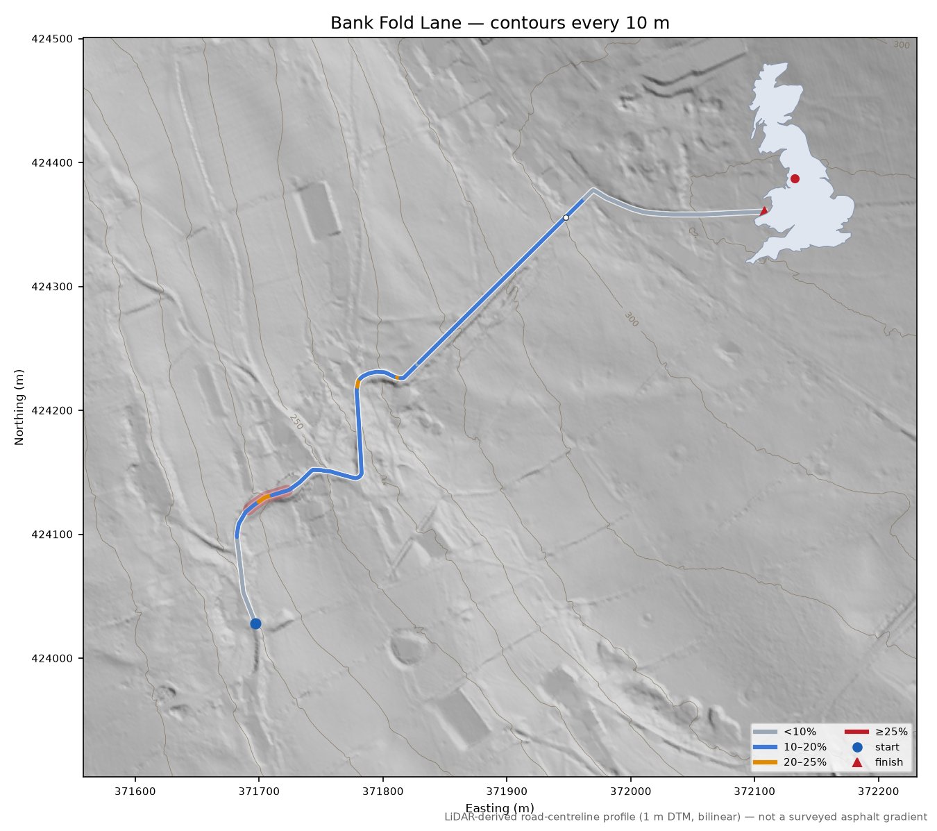 Bank Fold Lane LiDAR hillshade map with contours
